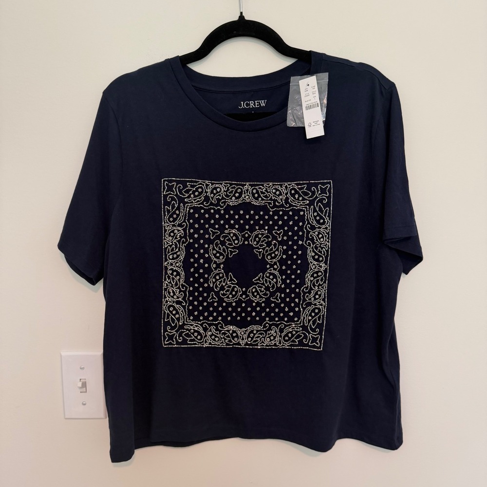 J.Crew Womens Navy Blue Beaded Bandana Graphic T-Shirt CN220 Large NWT